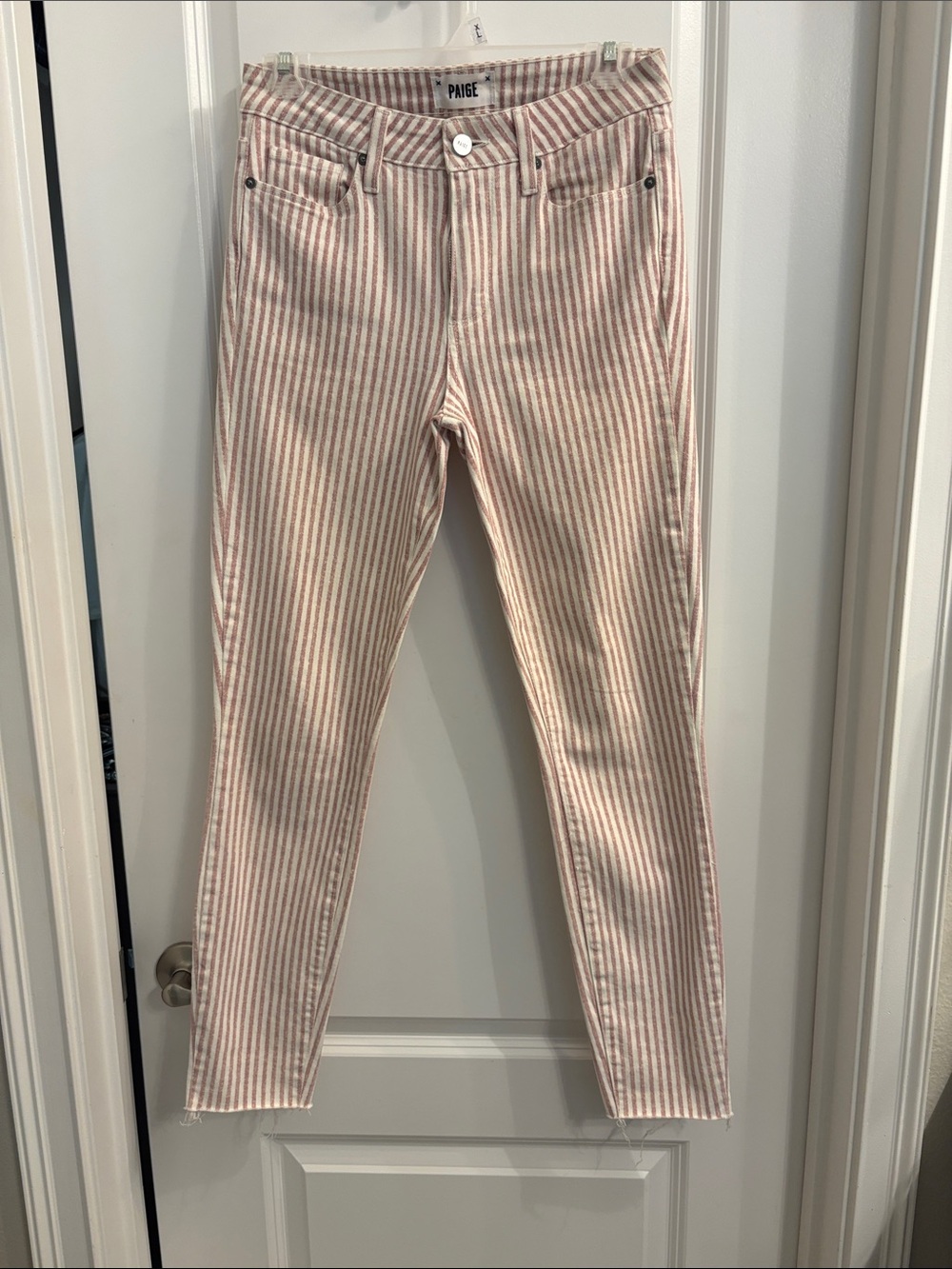 PAIGE Pink and White Striped Skinny Jeans